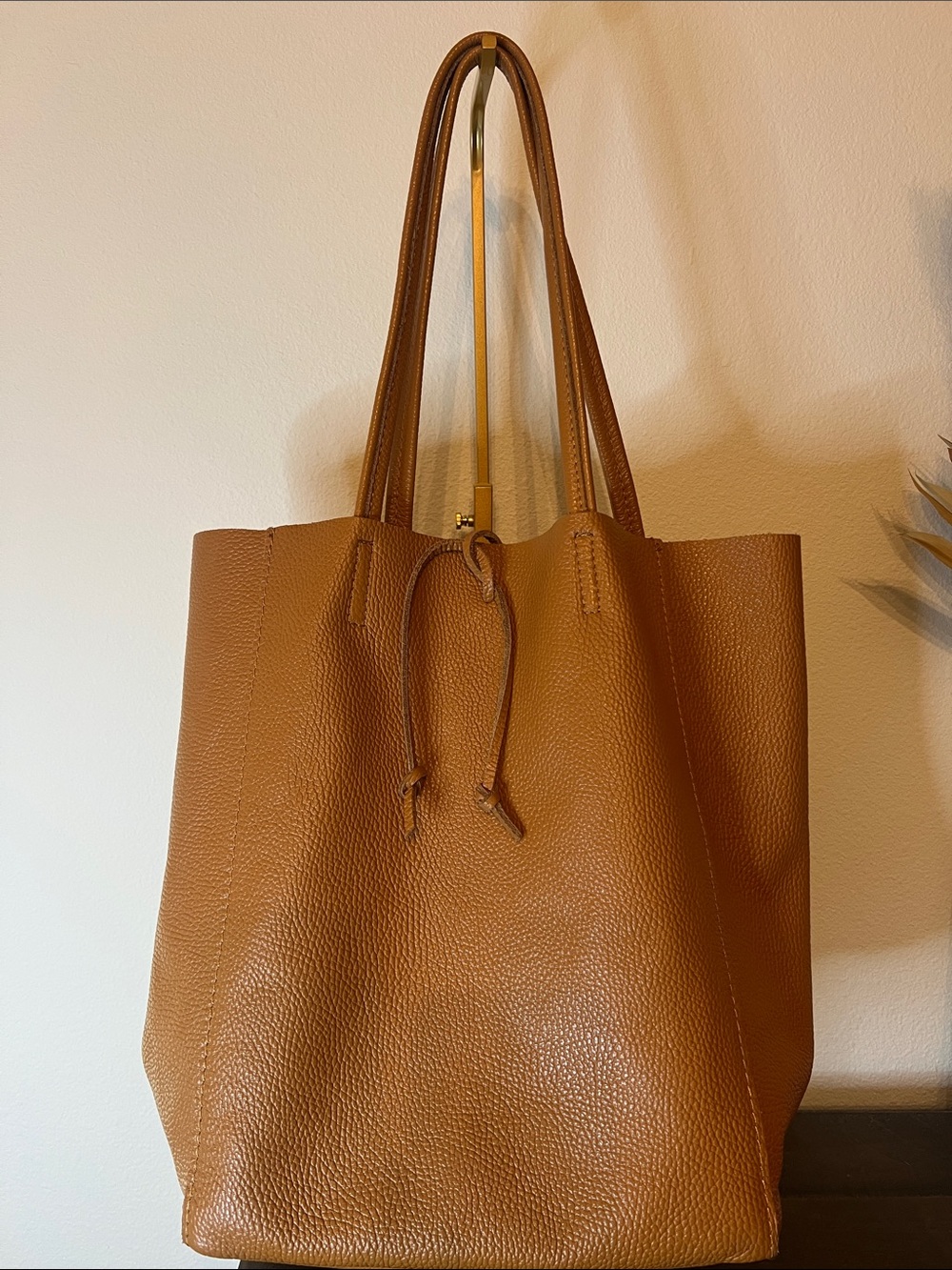 Italian Leather Vertical Tote Bag Tan Tie Closure Shopper